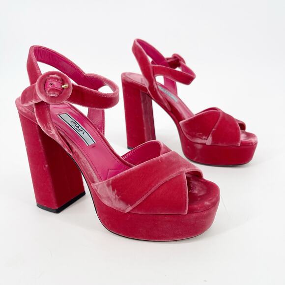 Prada Pink Velvet Crisscross Platform Block Heel Ankle Strap Sandals size IT 36 - Picture 2 of 13